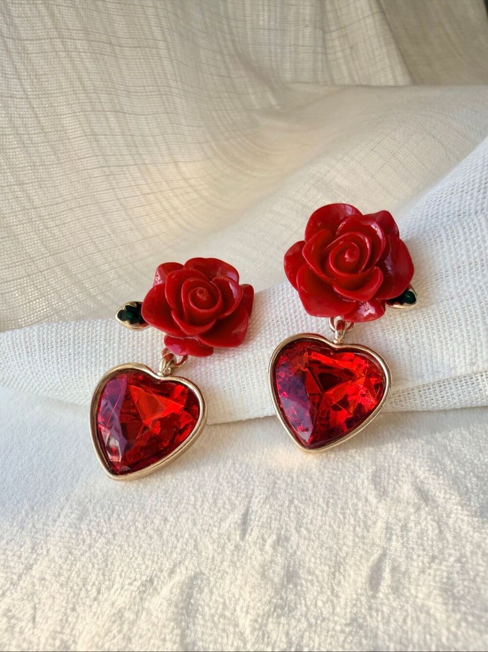 Red Rose Heart Crystal Statement Drop Earrings Romantic Floral